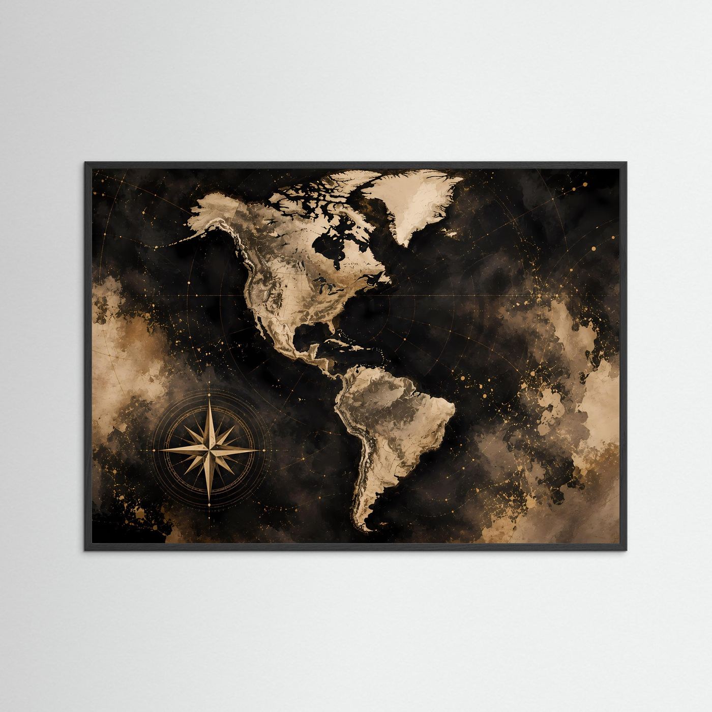 Gerahmtes Poster Weltkarte Amerika in Schwarz und Gold mit Kompassrose, Querformat.