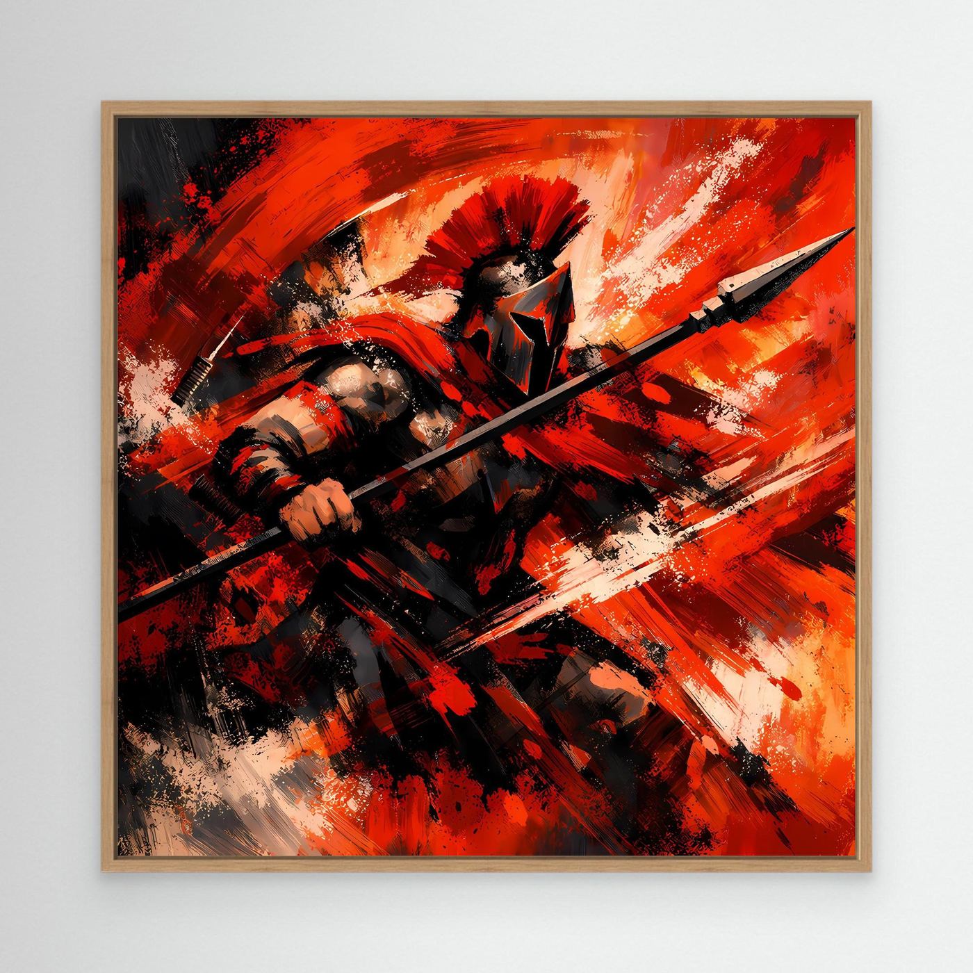 Wandbild mit abstraktem Krieger, rote und schwarze Pinselstriche, Eichenholzrahmen