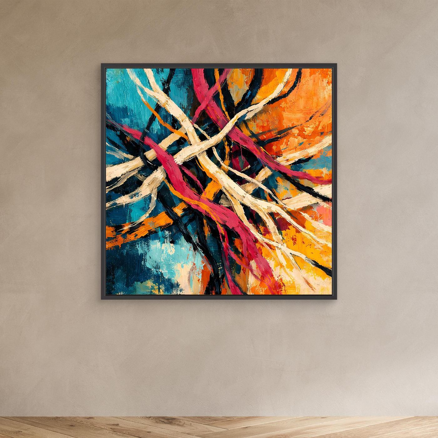 Leinwand-Wandbild mit abstraktem Liniengeflecht, schwarzer Rahmen, mehrfarbige Striche