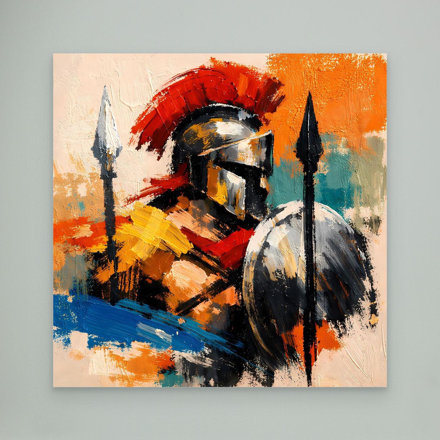 Abstract gladiator canvas wall art with helmet, shield, and spears in red, blue, orange