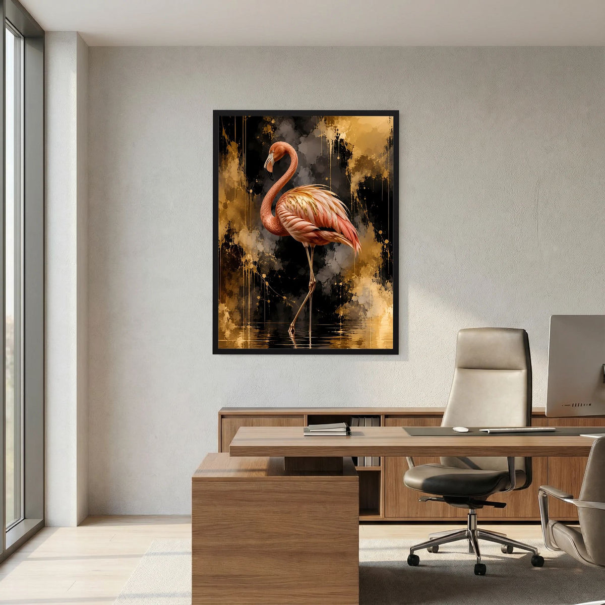 Hochformatiges Poster mit rosa Flamingo im schwarzen Rahmen