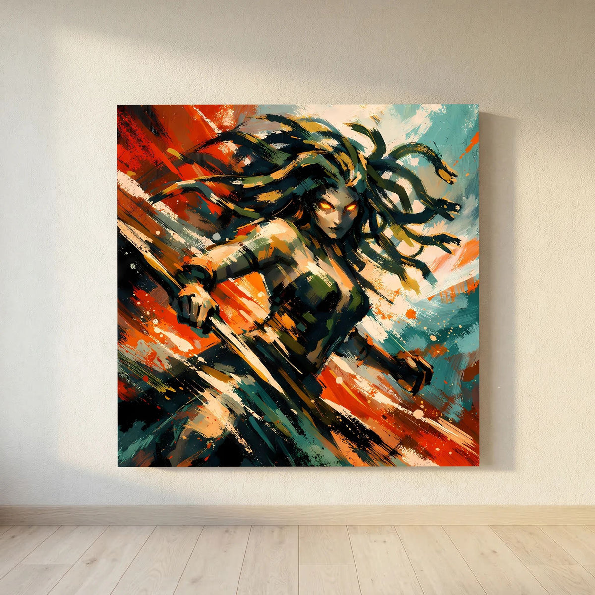 Leinwandbild: Medusa im Schwung, grafische Striche in Orange, Türkis und Dunkelgrün