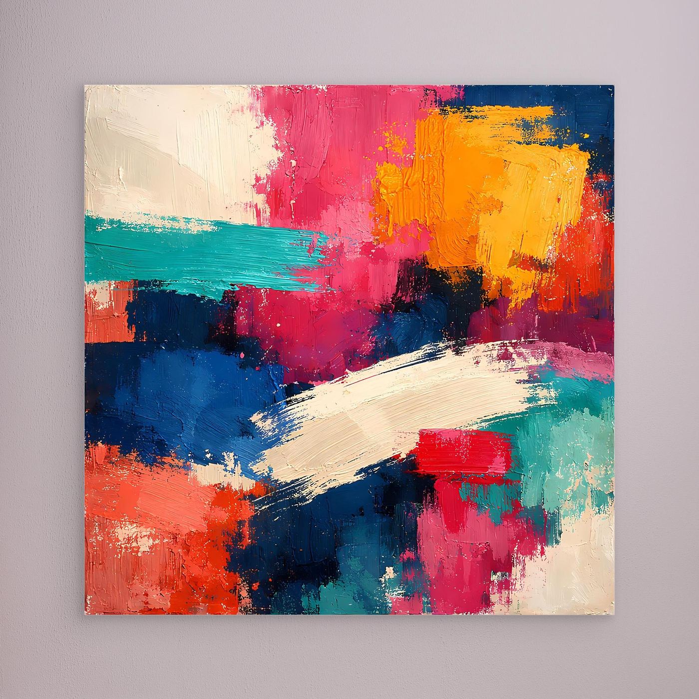 Abstraktes Leinwand-Wandbild mit gemischten Pinselstrichen in Pink, Gelb und Blau ohne sichtbaren Rahmen