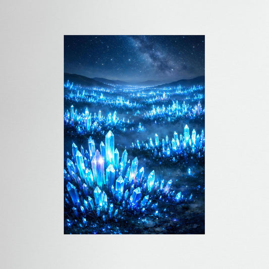 Hochformatposter: blau leuchtendes Kristallfeld mit Sternenhimmel, Fantasy-Landschaft