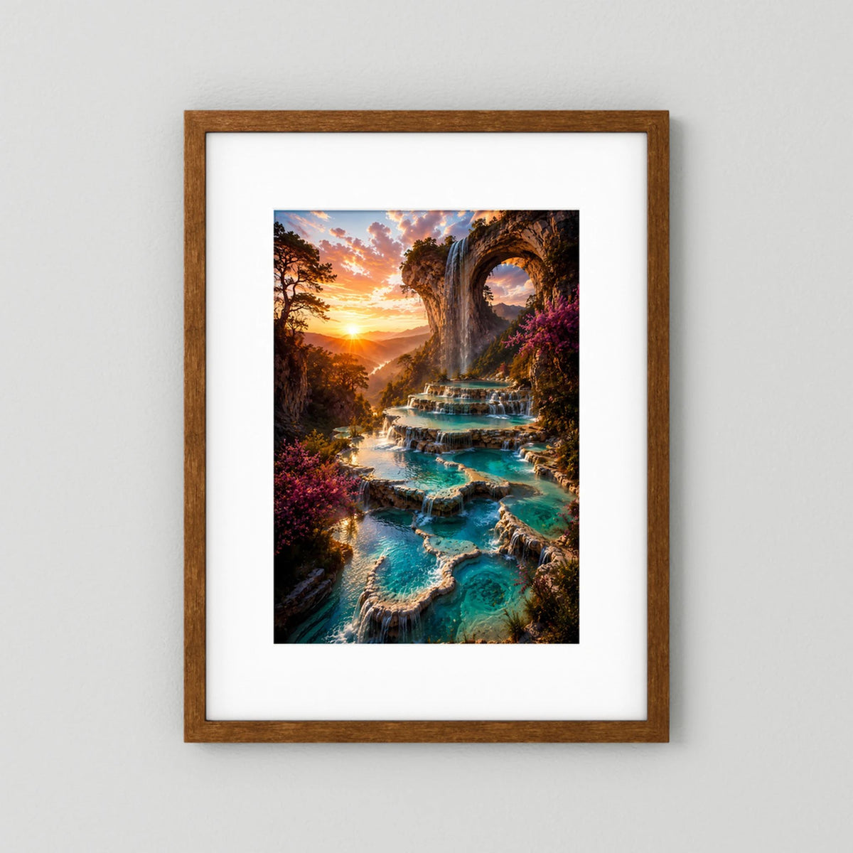 Kunstposter Hochformat mit Holzrahmen und weißem Rand, Wasserfall und türkisfarbene Terrassen