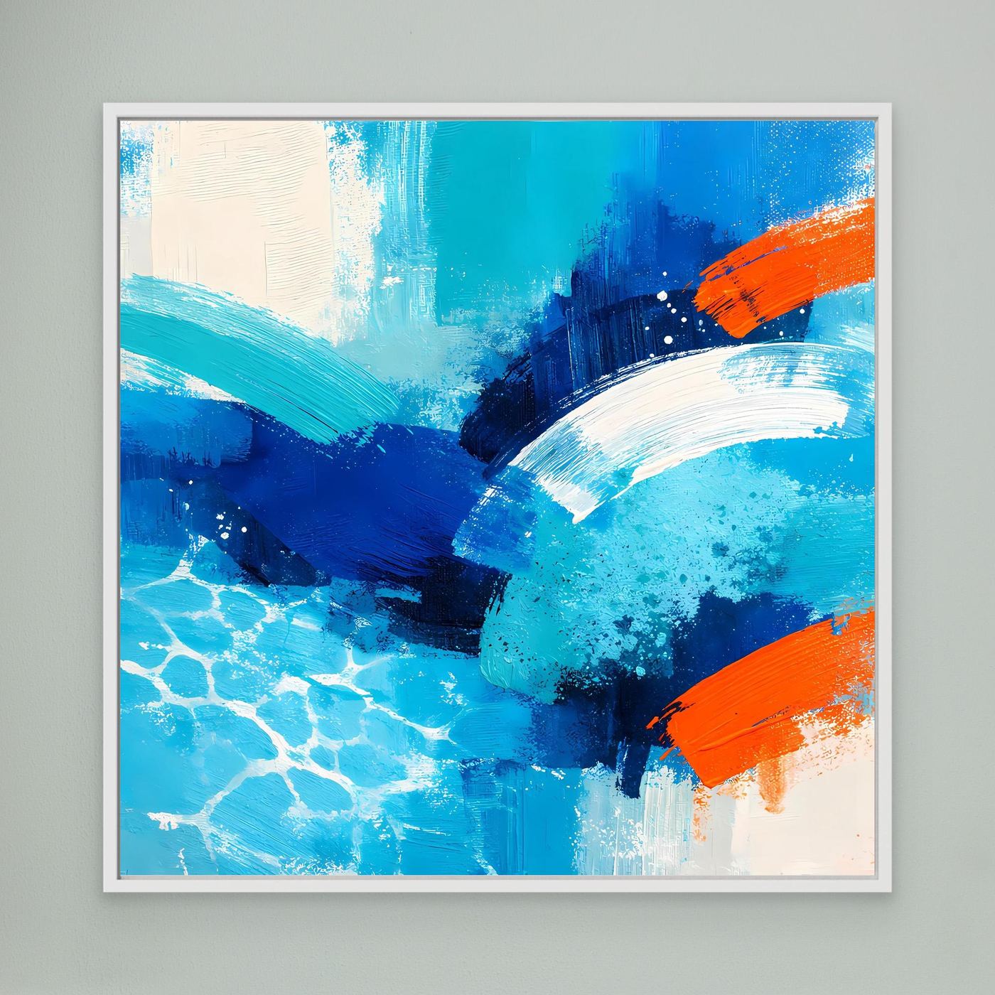 Blue and orange abstract ocean wave canvas in a white frame.