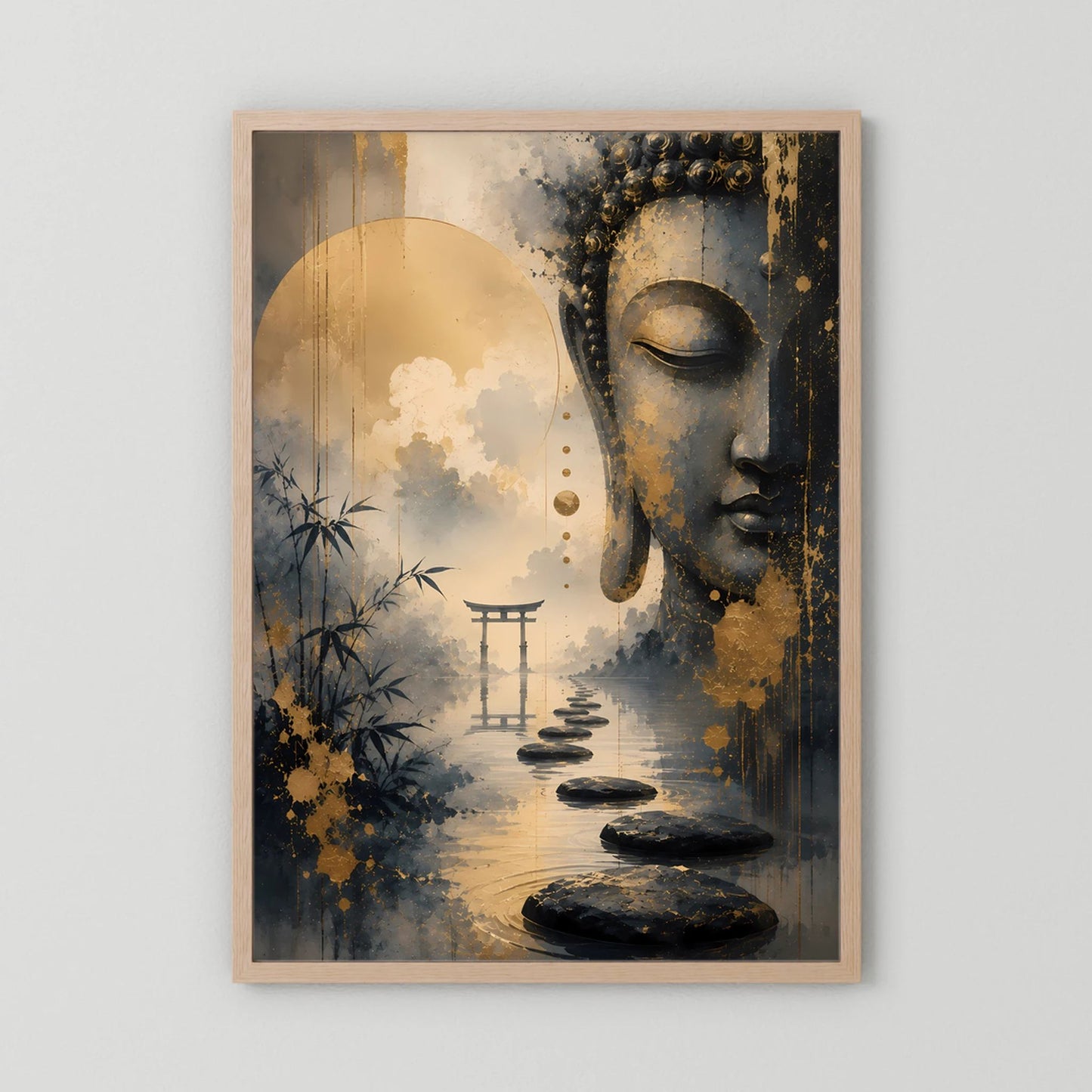 Poster im Hochformat mit Buddha-Profil in Gold und Schwarz, in hellem Holzrahmen