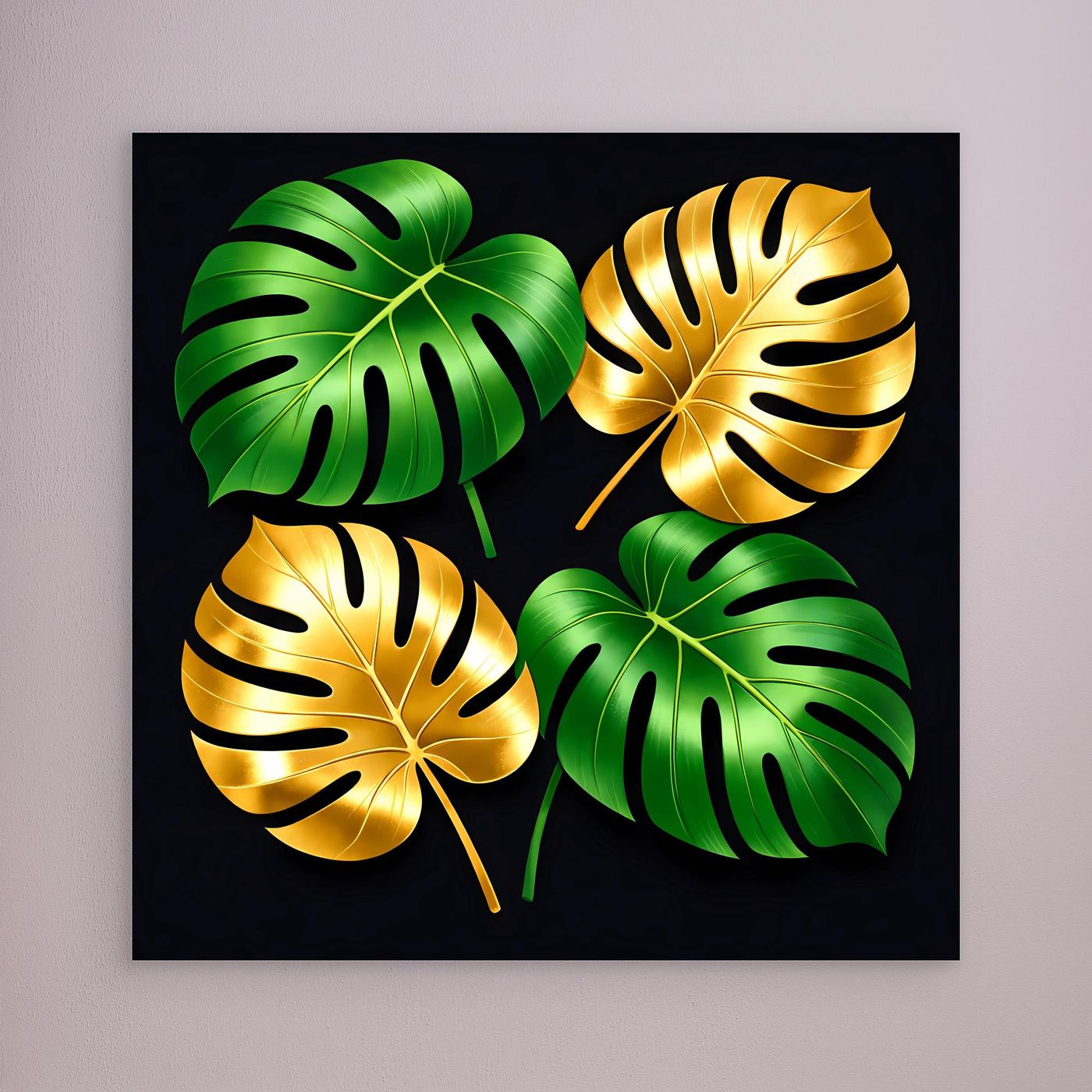Leinwandbild mit Monstera-Blättern, grün und gold, ohne sichtbaren Rahmen