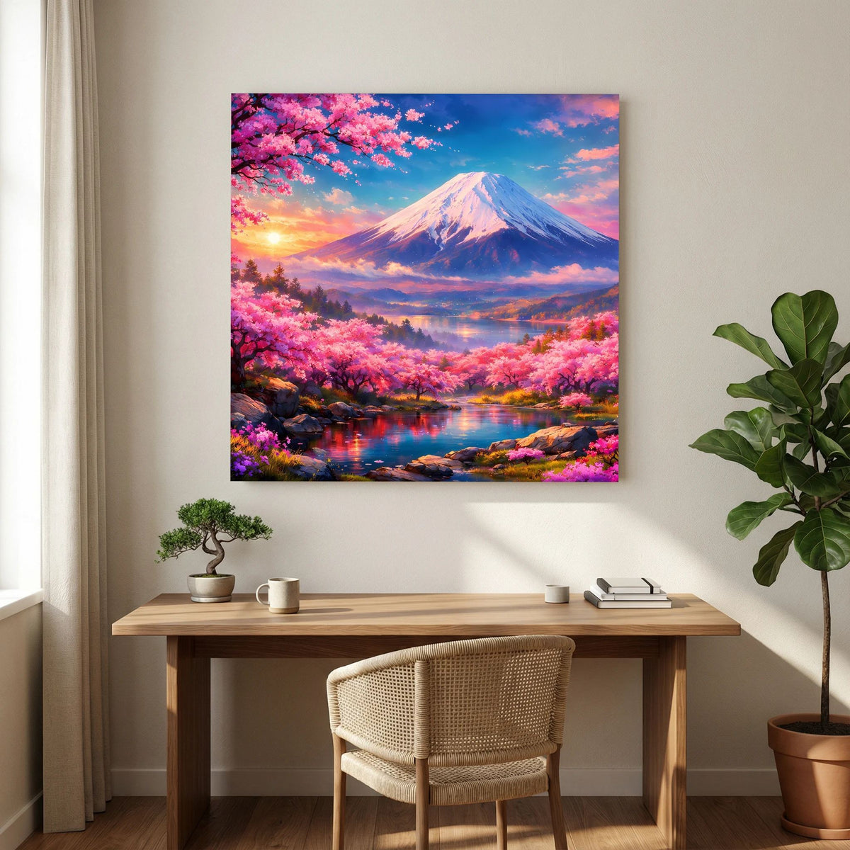 Quadratisches Leinwandbild auf Holzkeilrahmen mit Fuji, Kirschblütenallee und Reflektion im Wasser