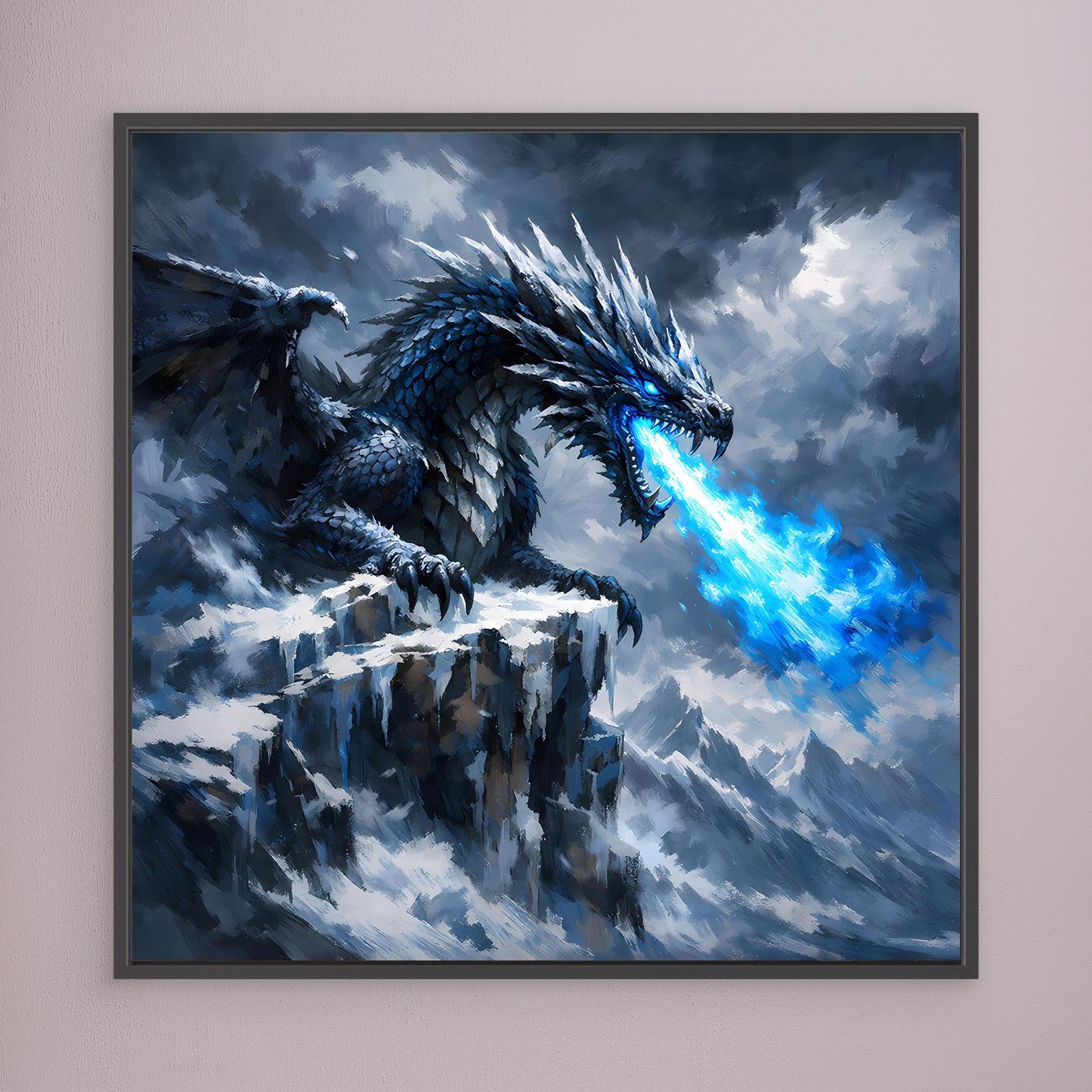 Leinwand Eisdrache auf stürmischem Berggipfel | Episches Fantasy-Wandbild auf echter Leinwand