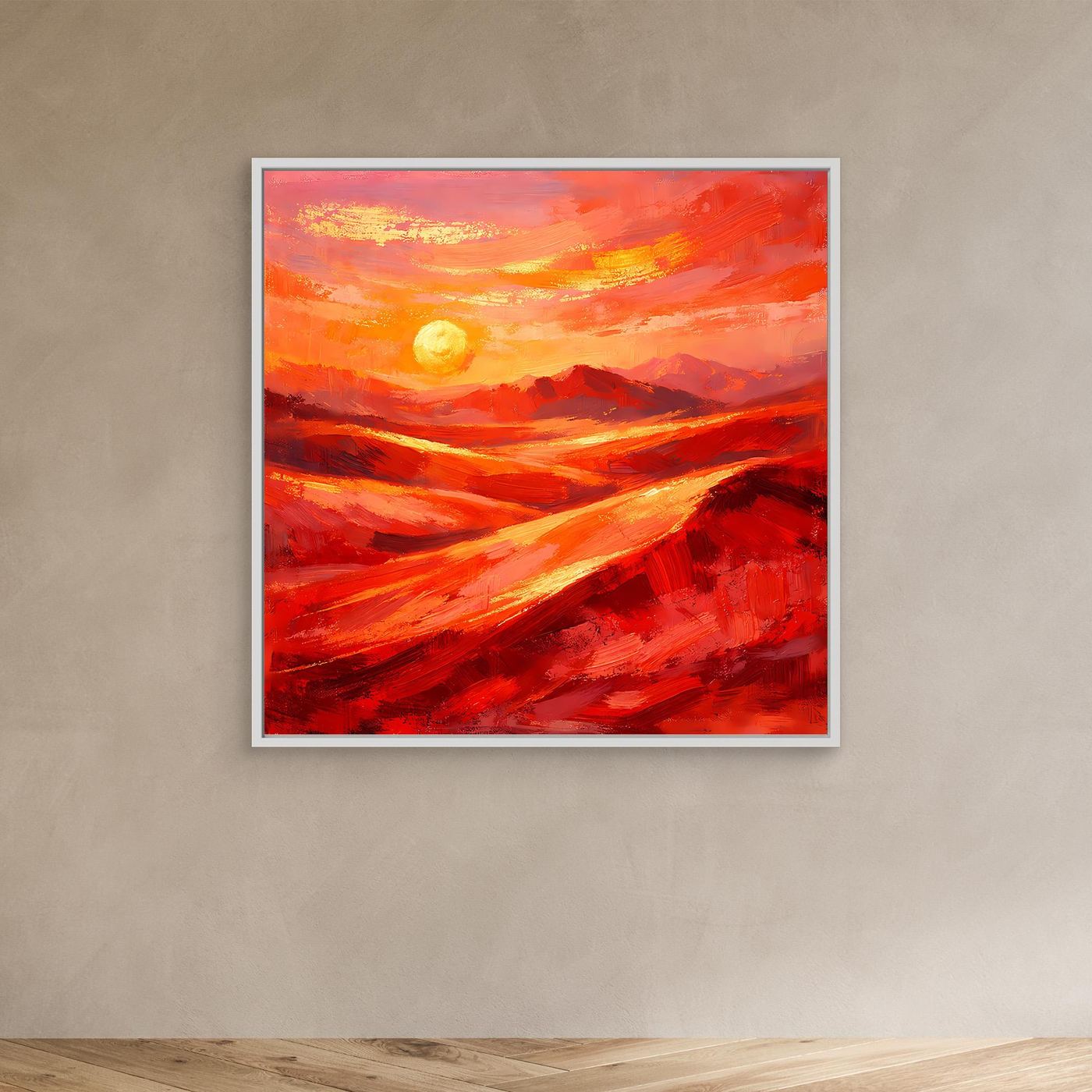 Abstraktes Leinwandbild mit Sonne, roten und orangefarbenen Pinselstrichen, weißer Rahmen