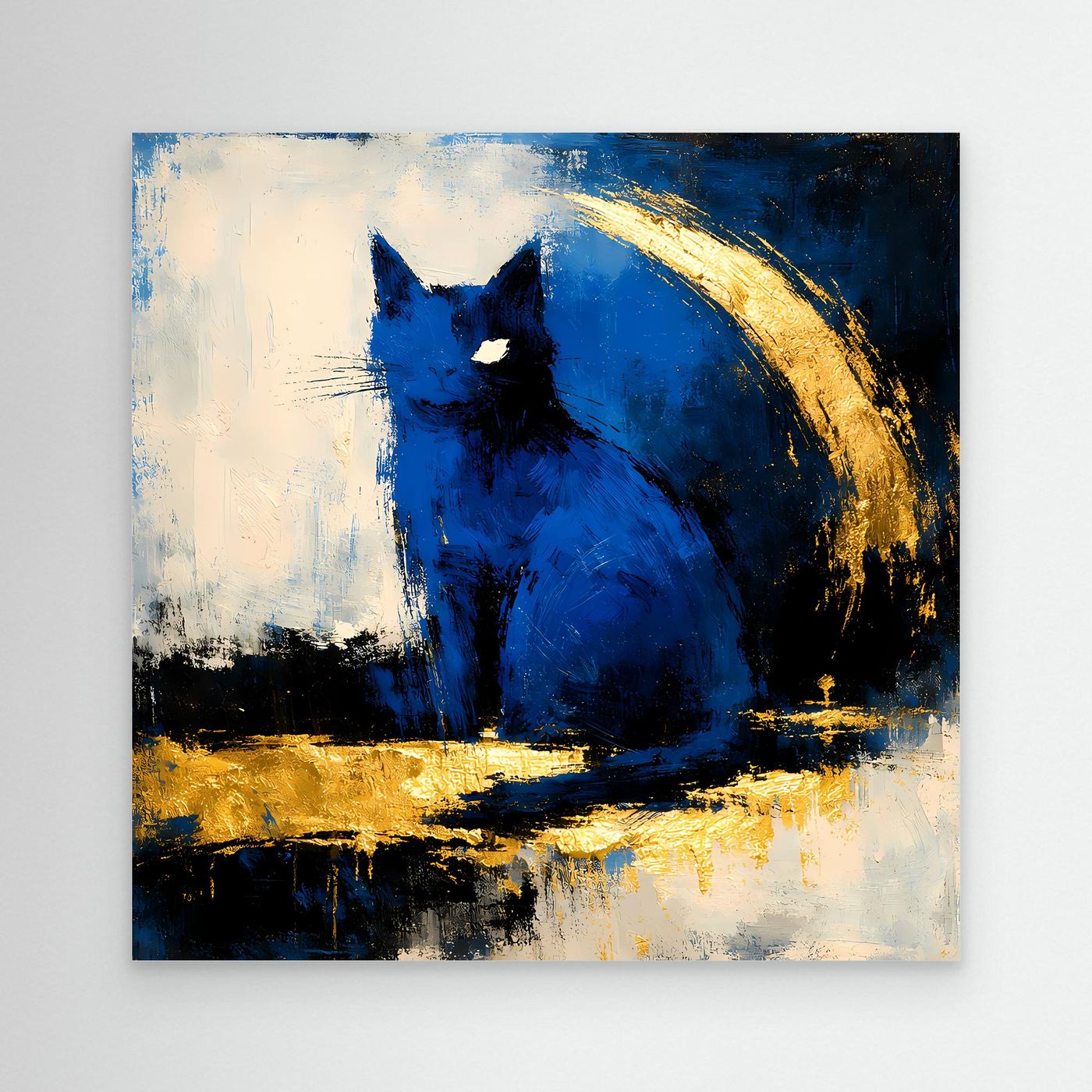 Abstraktes Tierwandbild auf Leinwand: blaues Tiermotiv mit goldener Bogenform