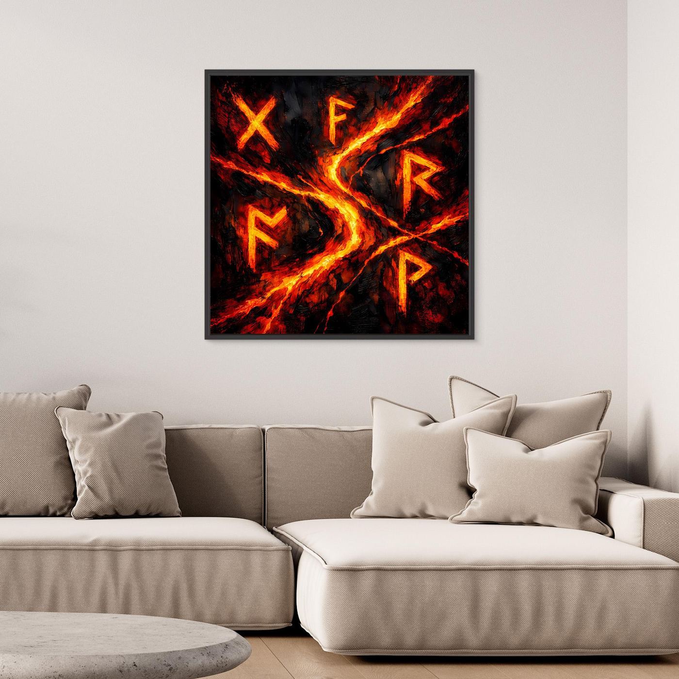 Leinwand-Wandbild mit Runen, schwarzer Rahmen, Lavaflammen in Rot/Orange