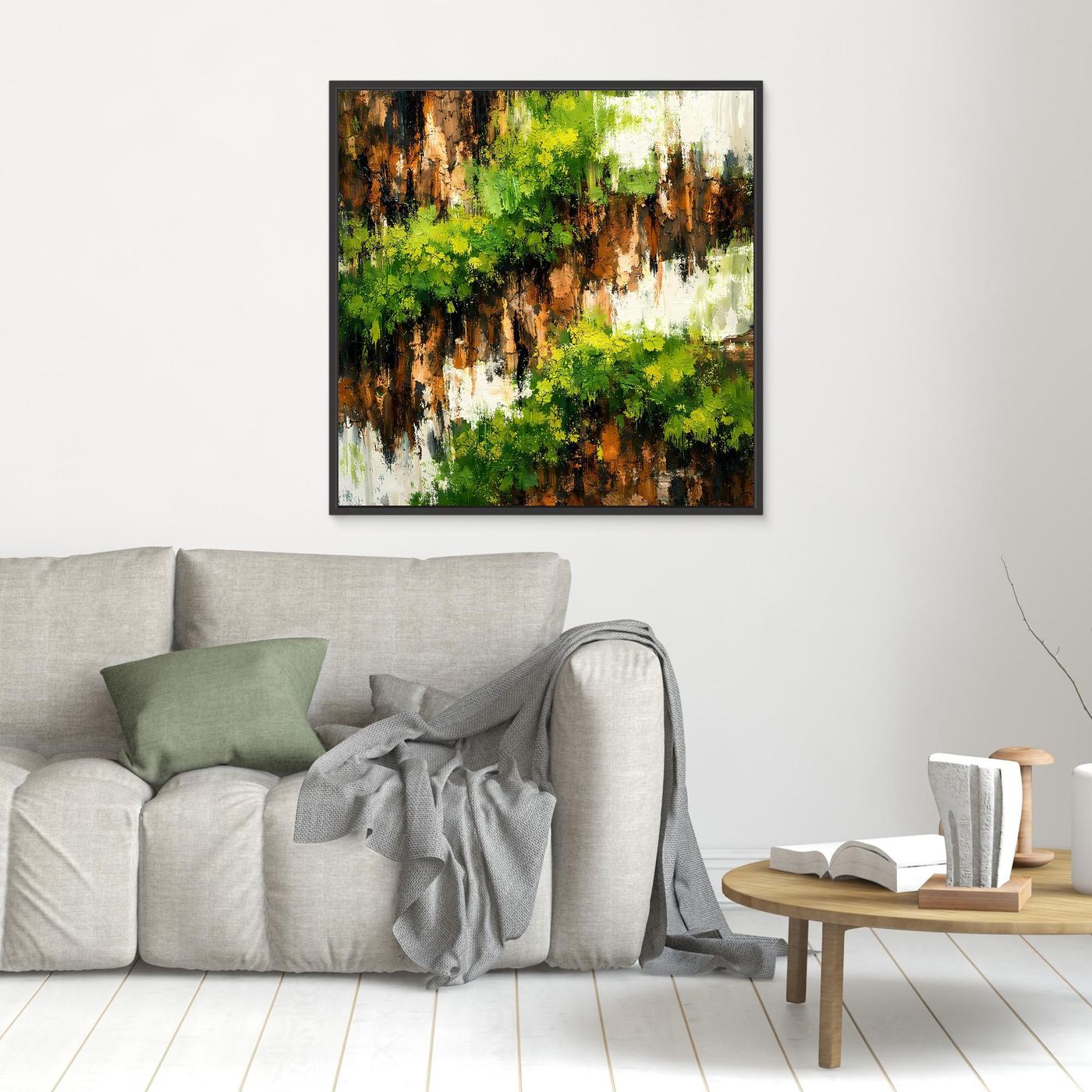 Quadratisches Leinwand-Wandbild mit bewachsener Felswand, schwarzer Rahmen