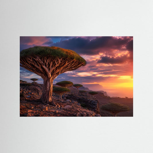 Querformatiges Naturposter mit Drachenbaum im orangefarbenen Sonnenuntergang