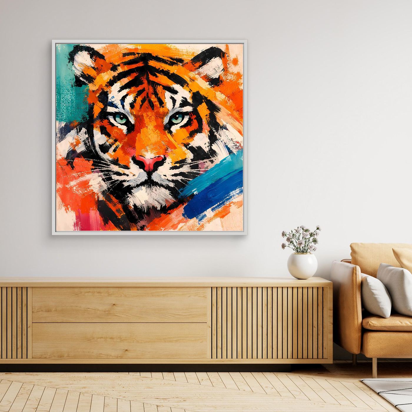 Framed abstract tiger portrait in orange, teal, and black brush strokes