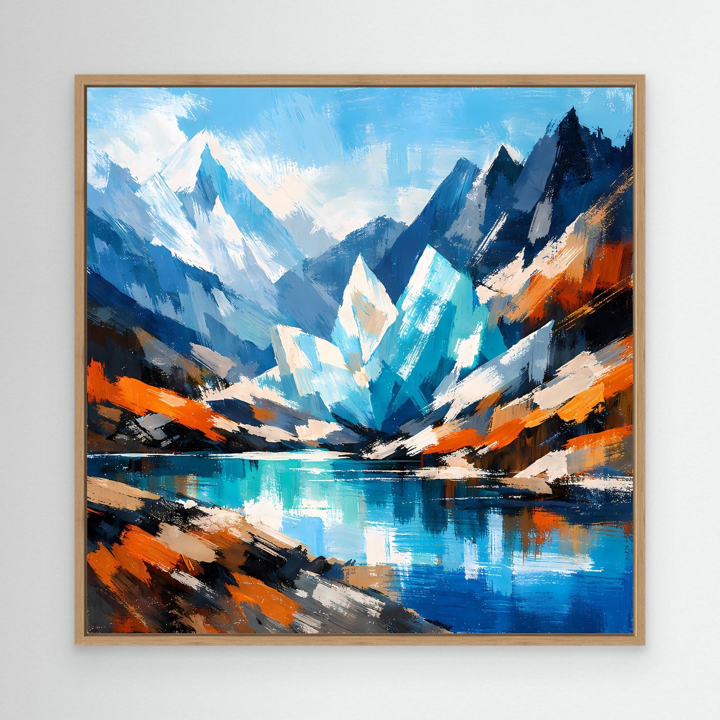 Abstraktes Leinwand-Wandbild mit Gletschersee in Blau, im hellen Holzrahmen