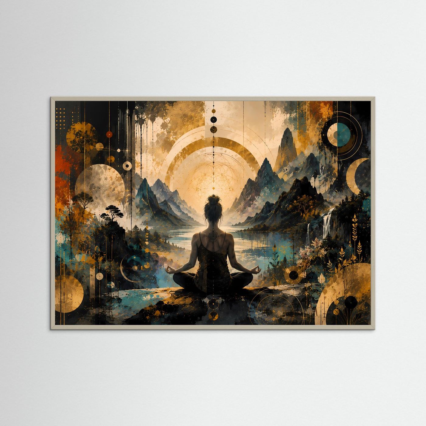 Meditierende Frau am Bergsee | Spirituelle Zen-Kunst in Gold & Petrol