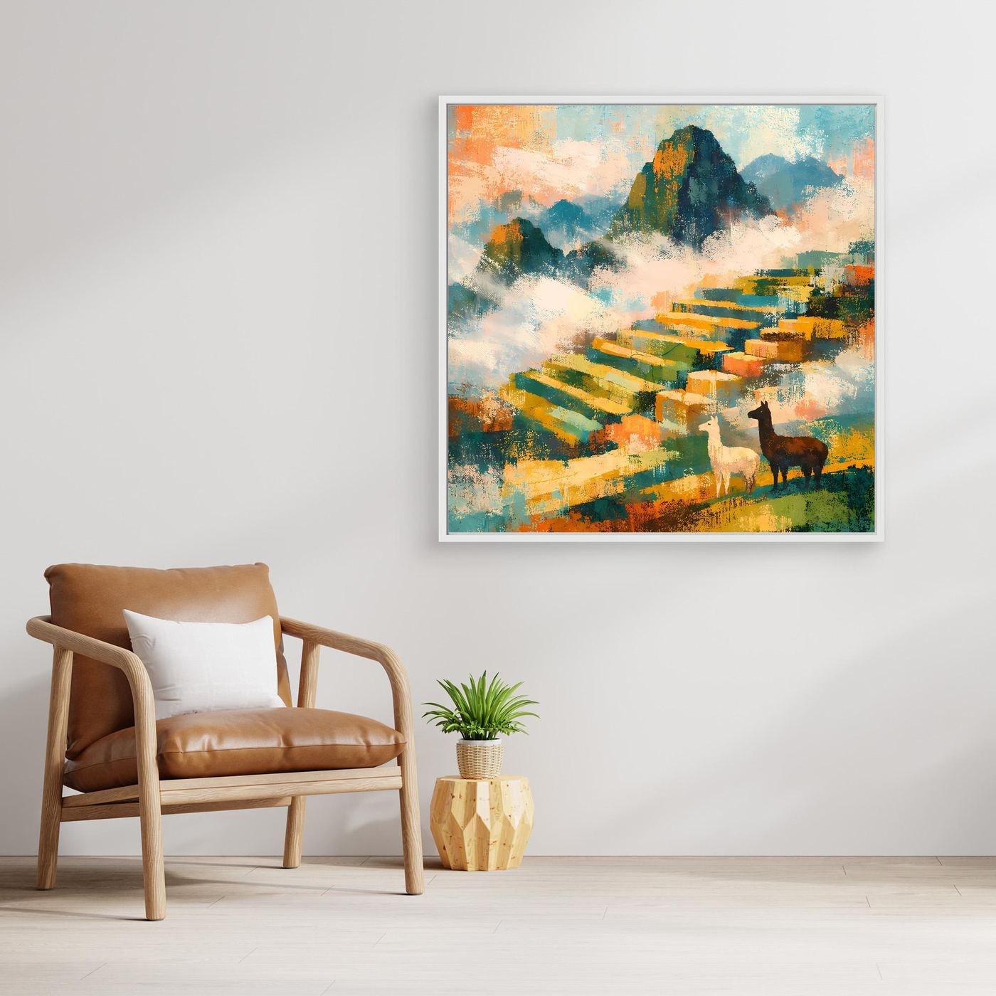 Leinwand-Wandbild mit abstrakter Berglandschaft und Alpakas, mit hellem Rahmen