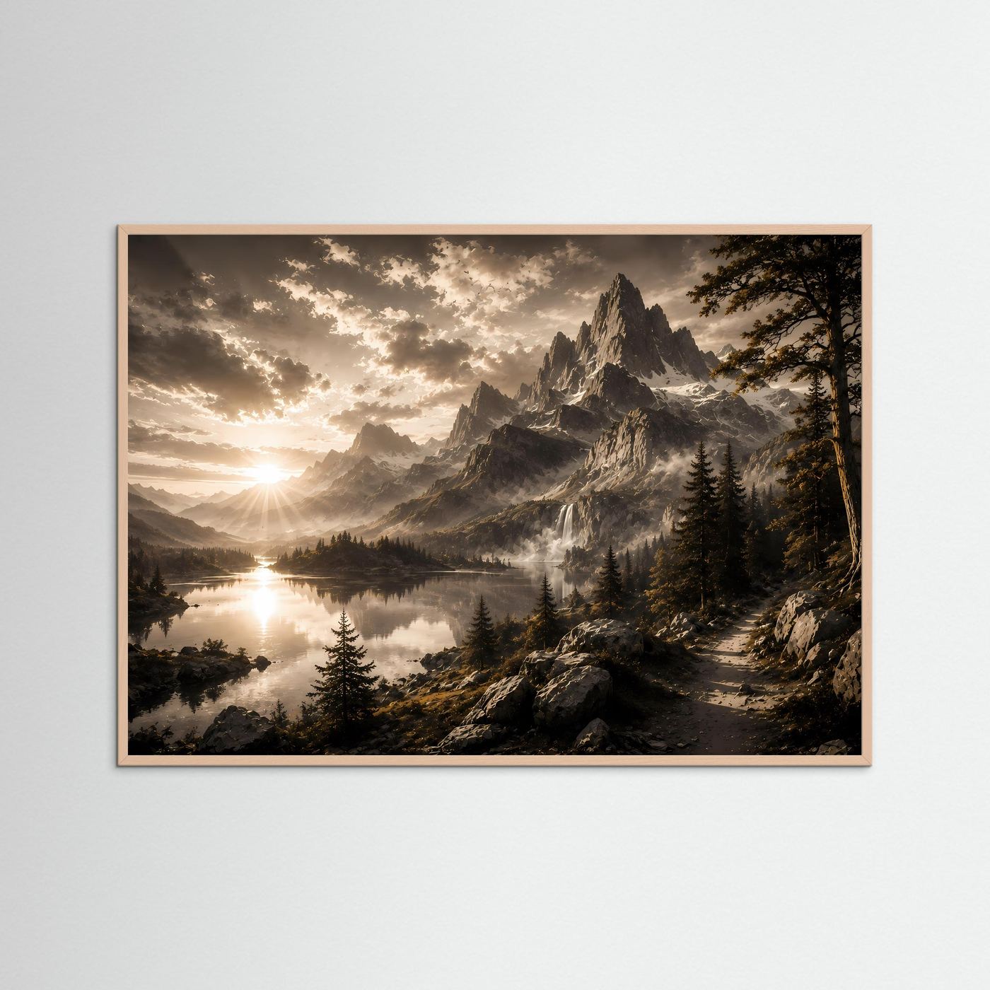 Querformat-Poster Berg-See-Landschaft bei Sonnenaufgang mit Roséholzrahmen