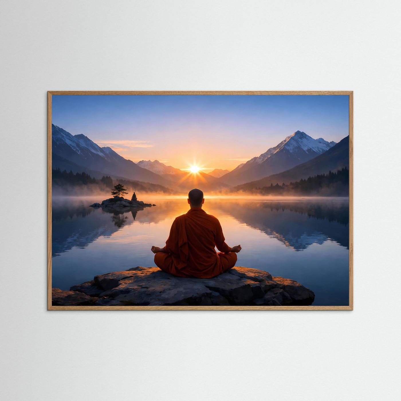 Gerahmtes Poster: meditierender Mönch auf Felsen am Bergsee bei Sonnenaufgang, hellbrauner Holzrahmen