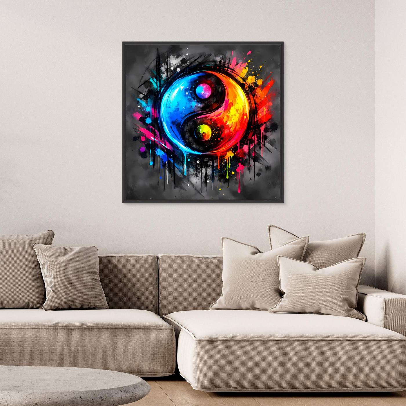 Leinwandbild Yin-Yang abstrakt, leuchtende Blau-Gelb-Rottöne, schwarzer Rahmen