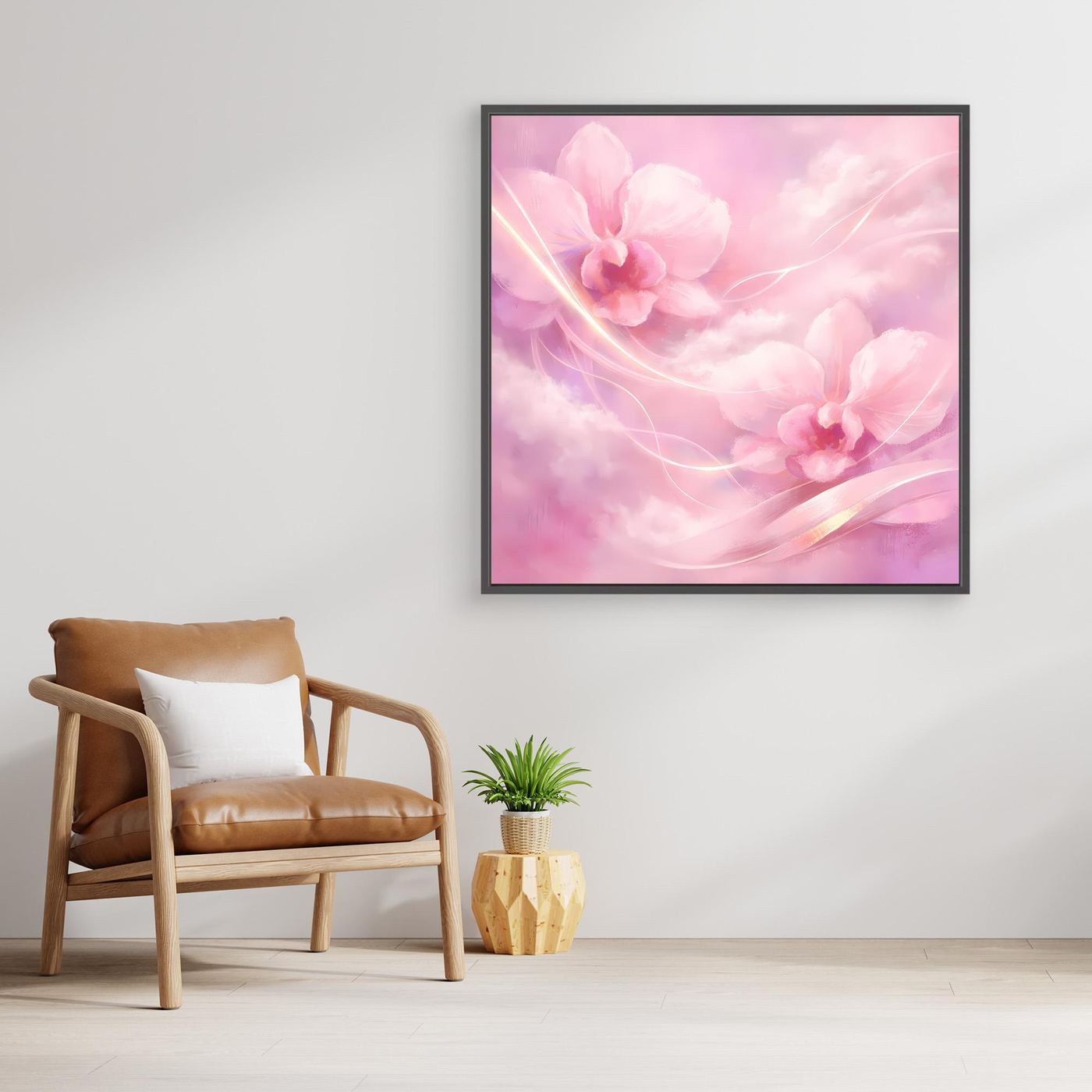Leinwandbild mit rosa Orchideen-Motiv, schwarzer Rahmen