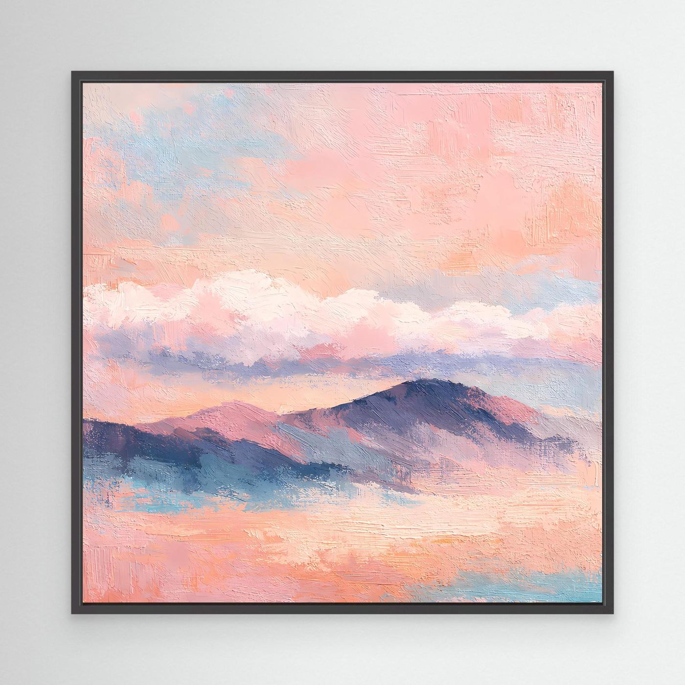 Leinwand-Wandbild mit pastellfarbenen Bergen und Sonnenuntergangshimmel im schwarzen Rahmen