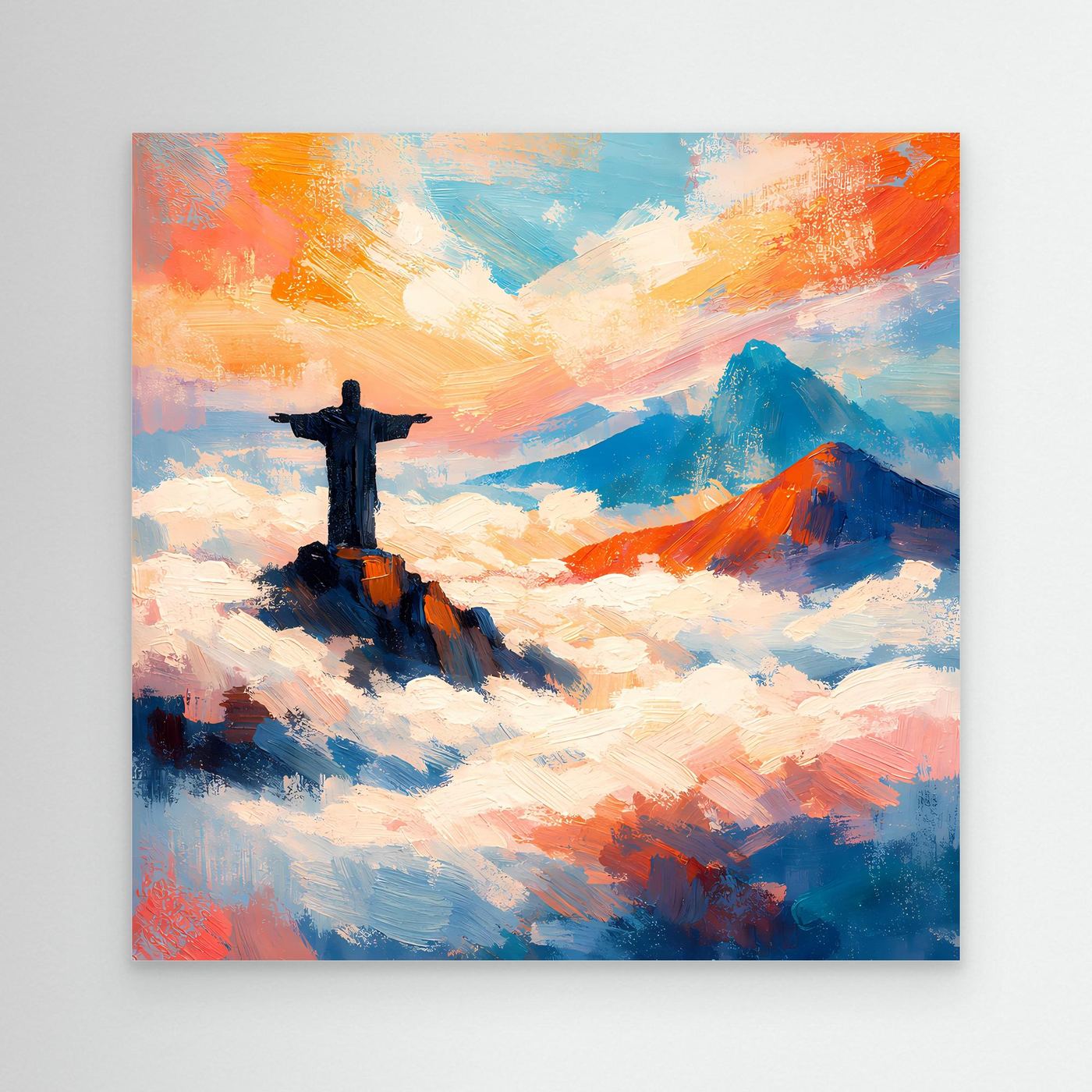 Leinwand-Wandbild mit Kreuzfigur über Wolken und Bergen, blau-bunt