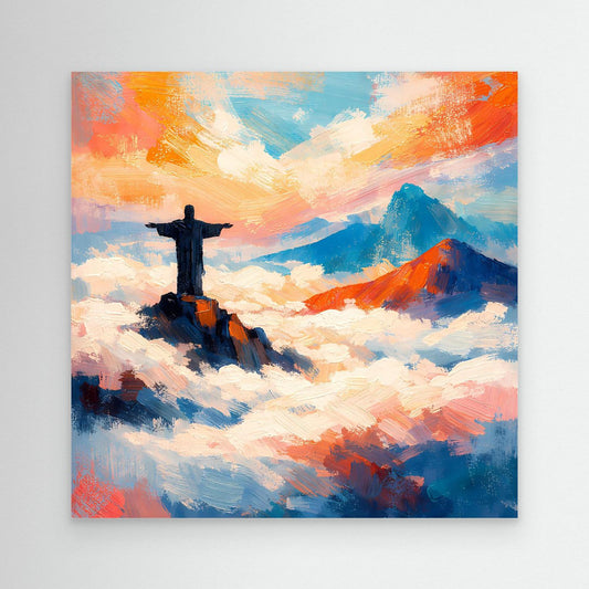 Leinwand-Wandbild mit Kreuzfigur über Wolken und Bergen, blau-bunt