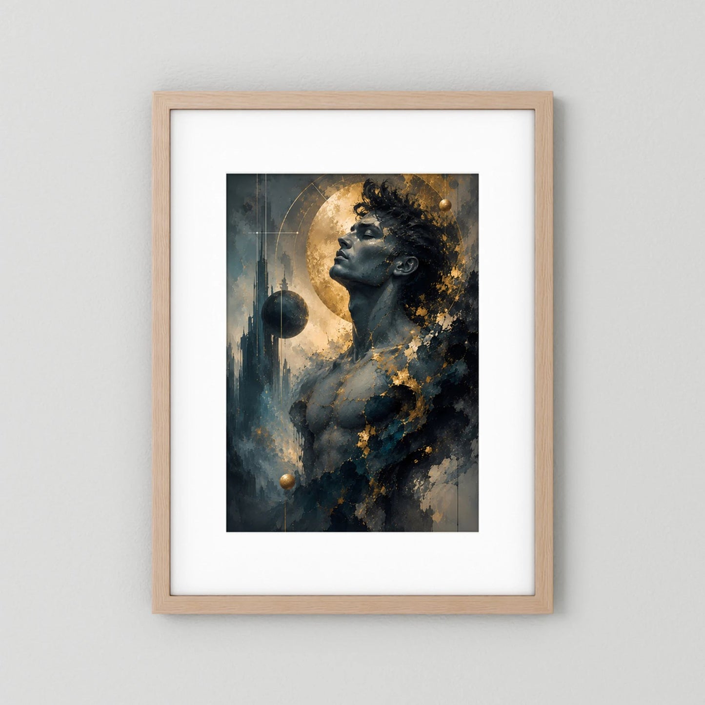 Kosmischer Mann in Gold und Anthrazit | Mystische abstrakte Weltraumkunst | Poster Hochformat