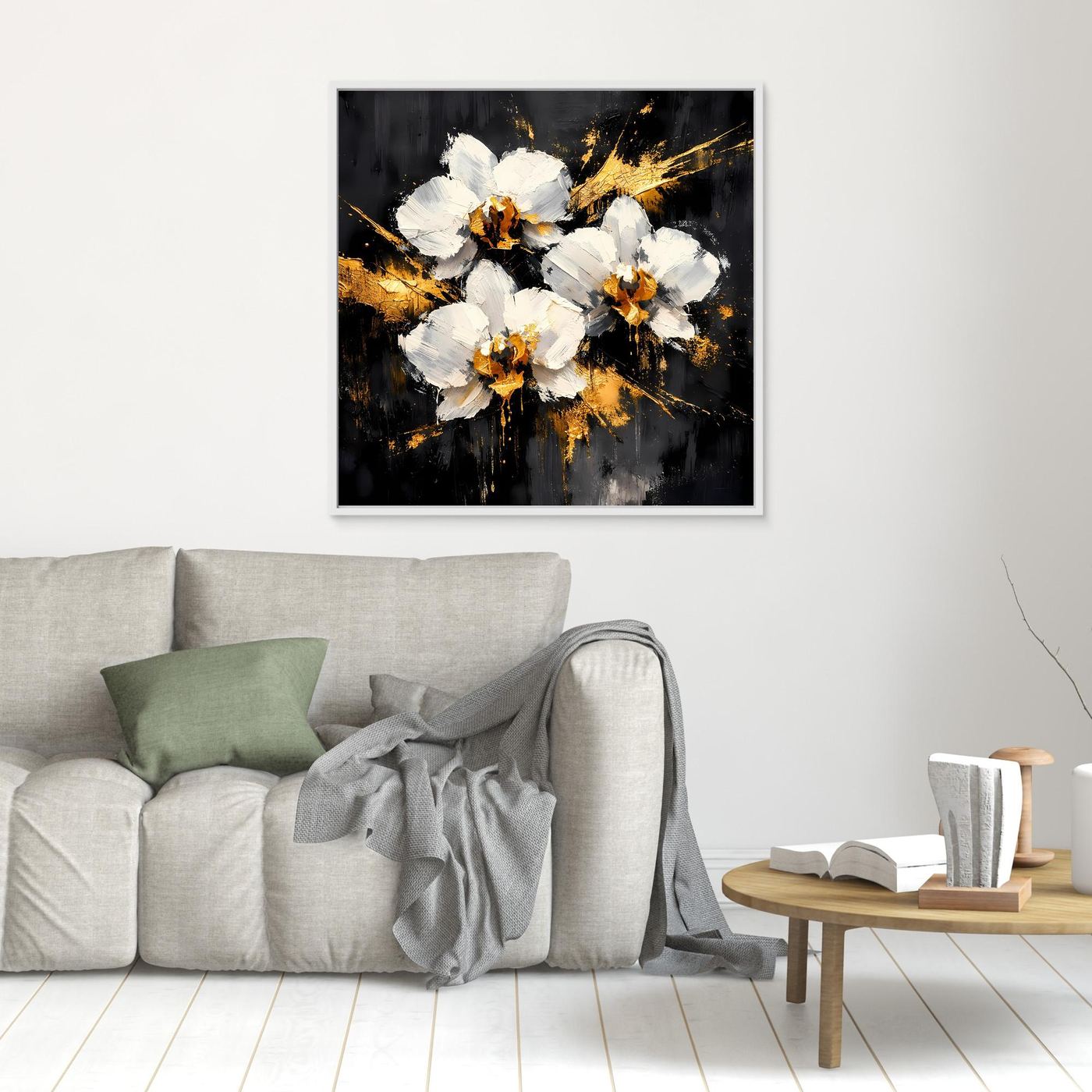 Leinwand Elegante Orchideen in Weiß und Gold | Modernes Abstraktes Blumen Wandbild