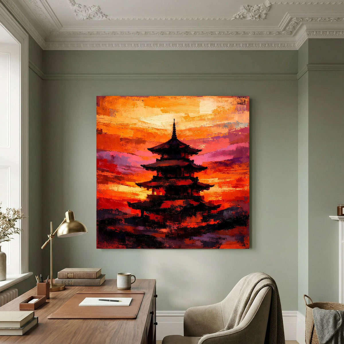 Japanisches Pagoden-Wandbild mit dunkler Silhouette vor orange-pinkem Sonnenuntergang