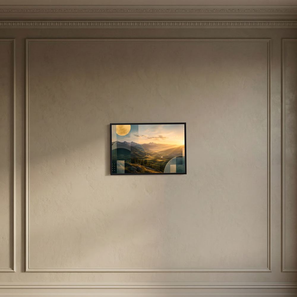 Kleines gerahmtes Poster mit abstrakter Berglandschaft und Sonnenuntergang, Gold und Petrol, Querformat