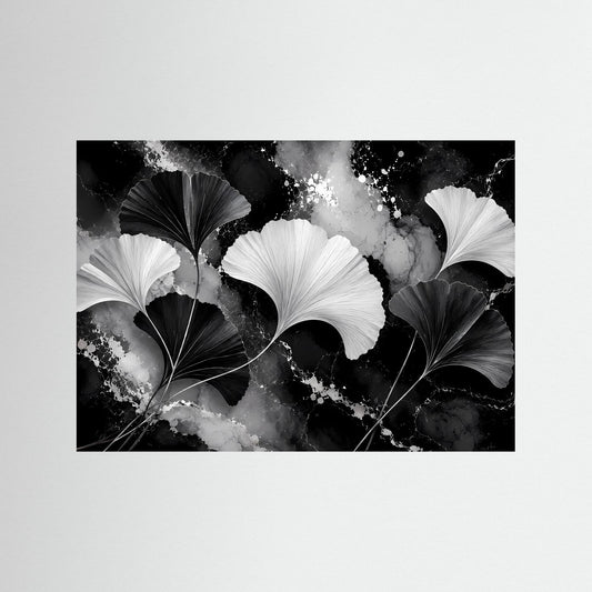 Poster mit Ginkgo-Blättern in Schwarzweiß, mit schwarzem Rahmen