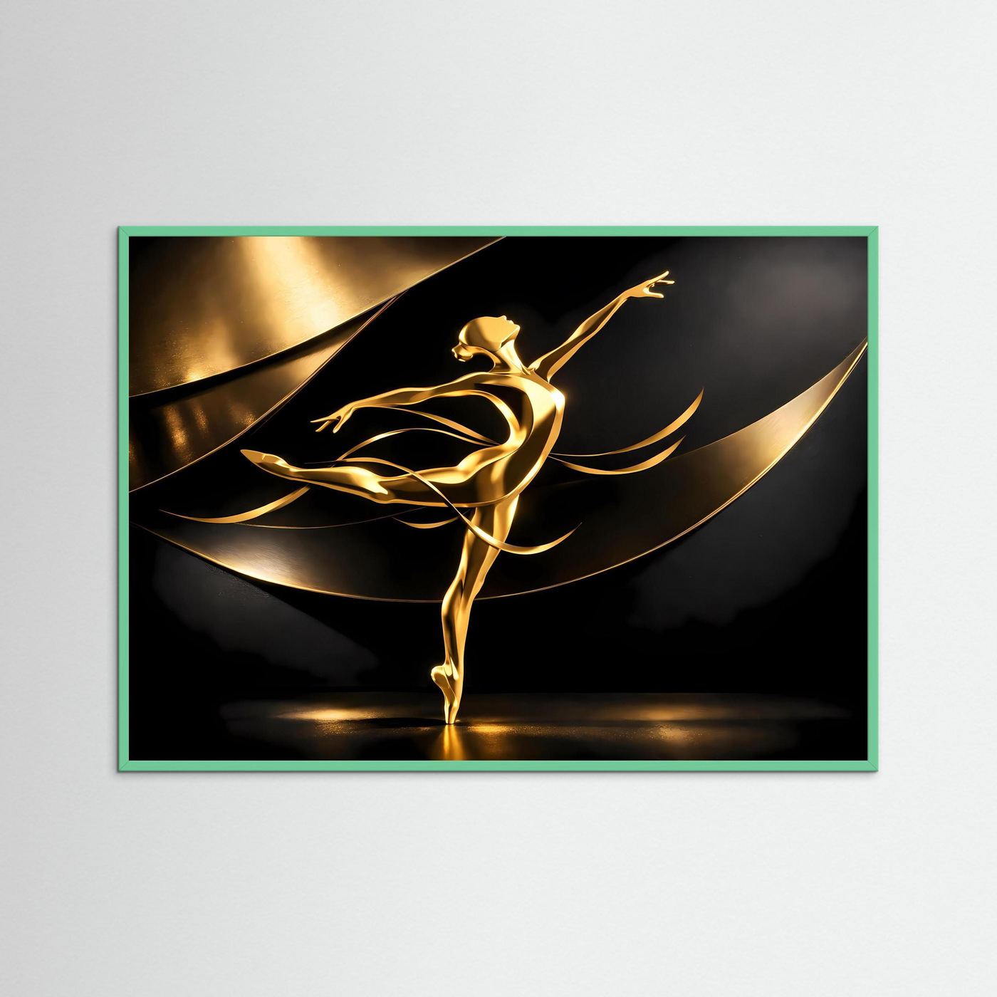 Gerahmtes Wandbild: goldene Ballerina-Skulptur über schwarzen Wellen, grün