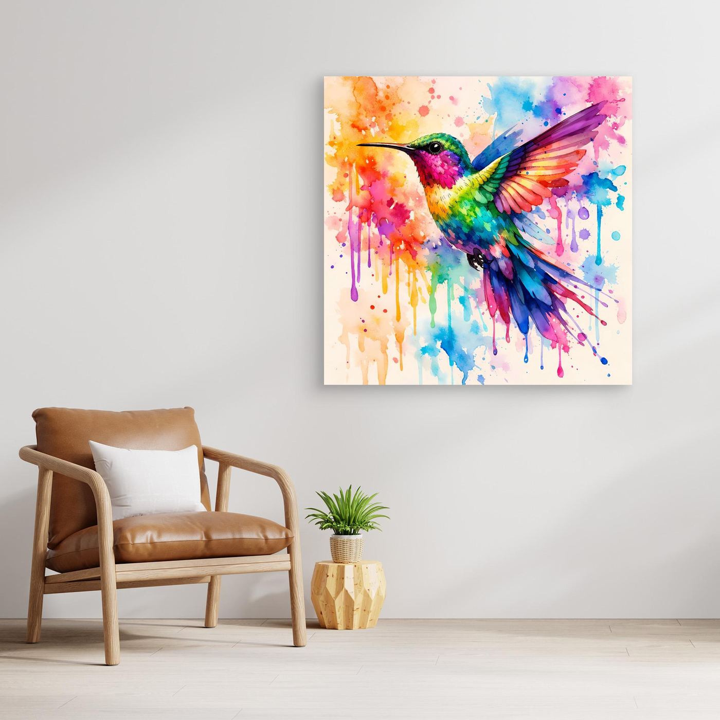 Leinwandbild mit Kolibri-Aquarell, leuchtende Farben, Farbspritzer und Tropfen, ohne Rahmen