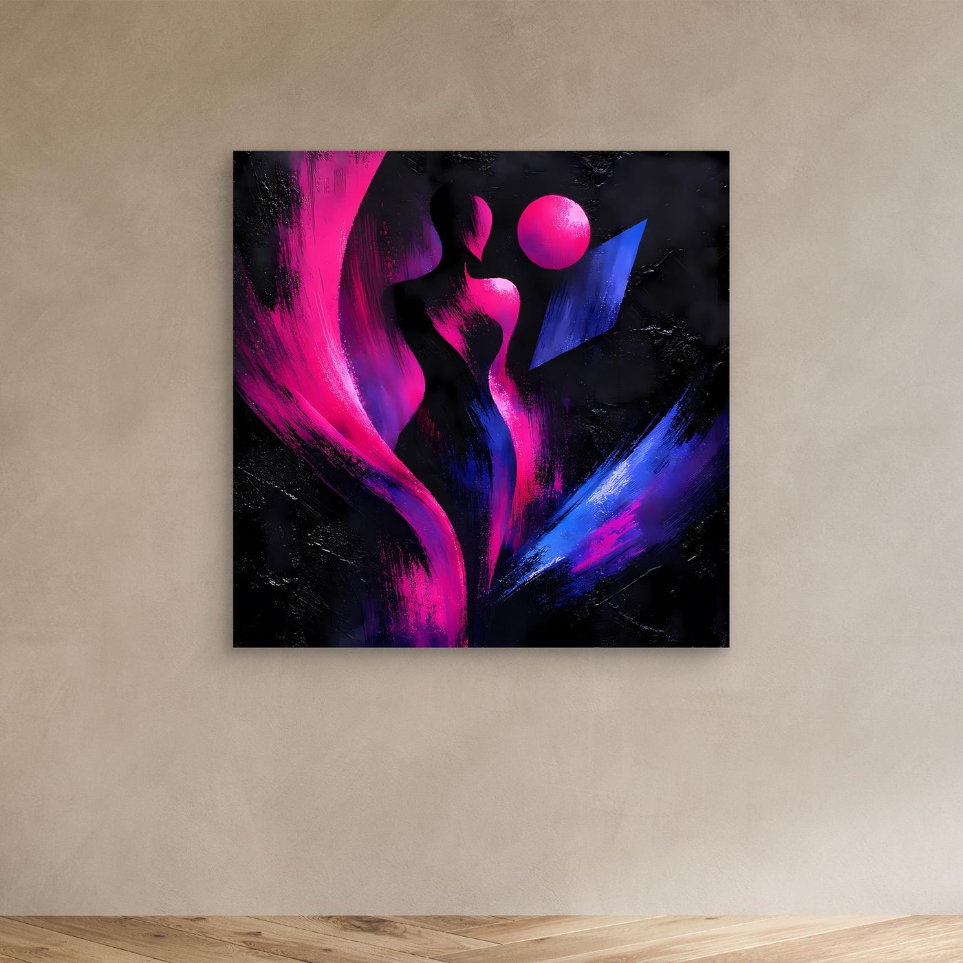 Leinwandbild mit abstrakter Silhouette, Neonpink und Blau, schwarz eingefasst