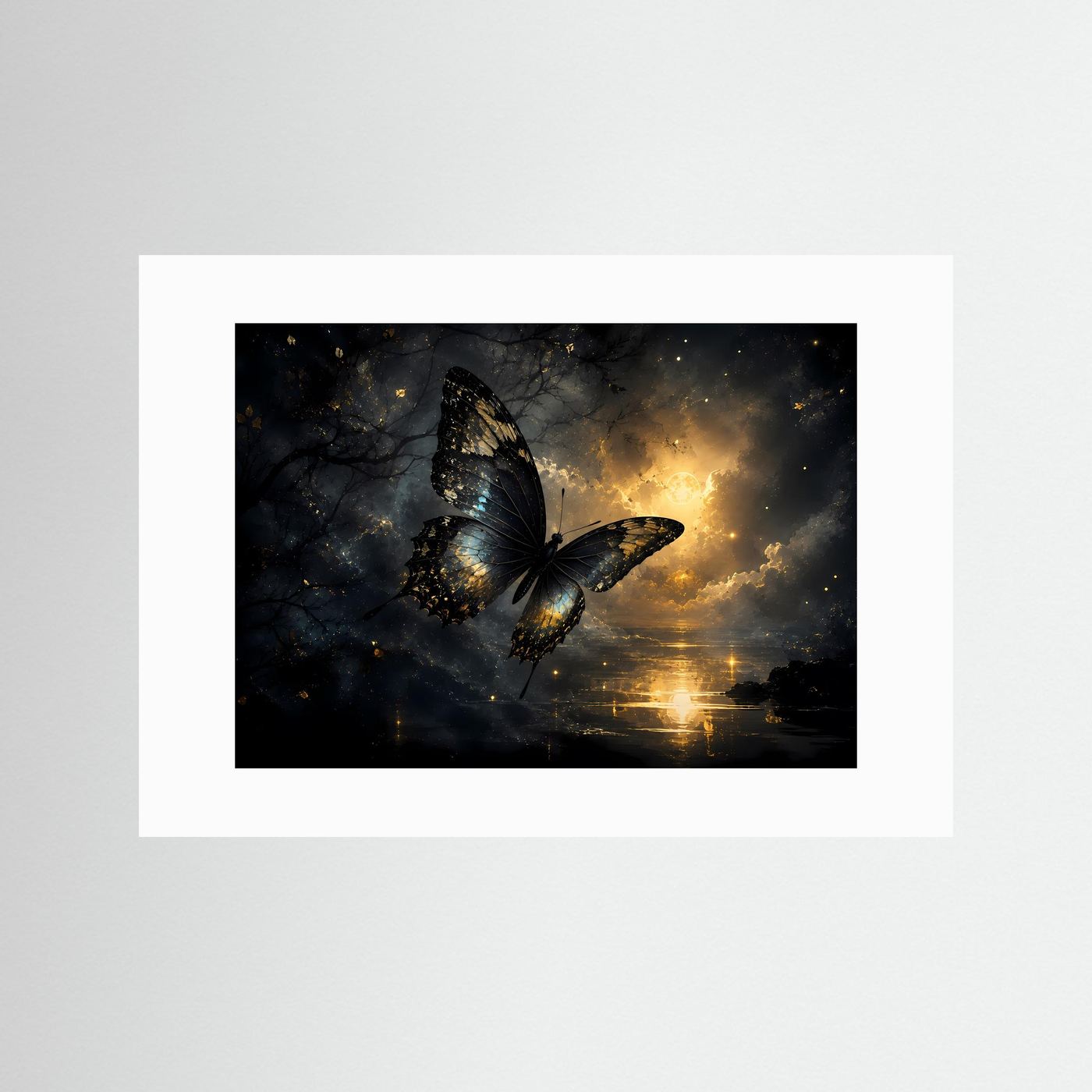 Schwarzer Schmetterling in Gold | Mystisches Fantasy Wandbild Querformat