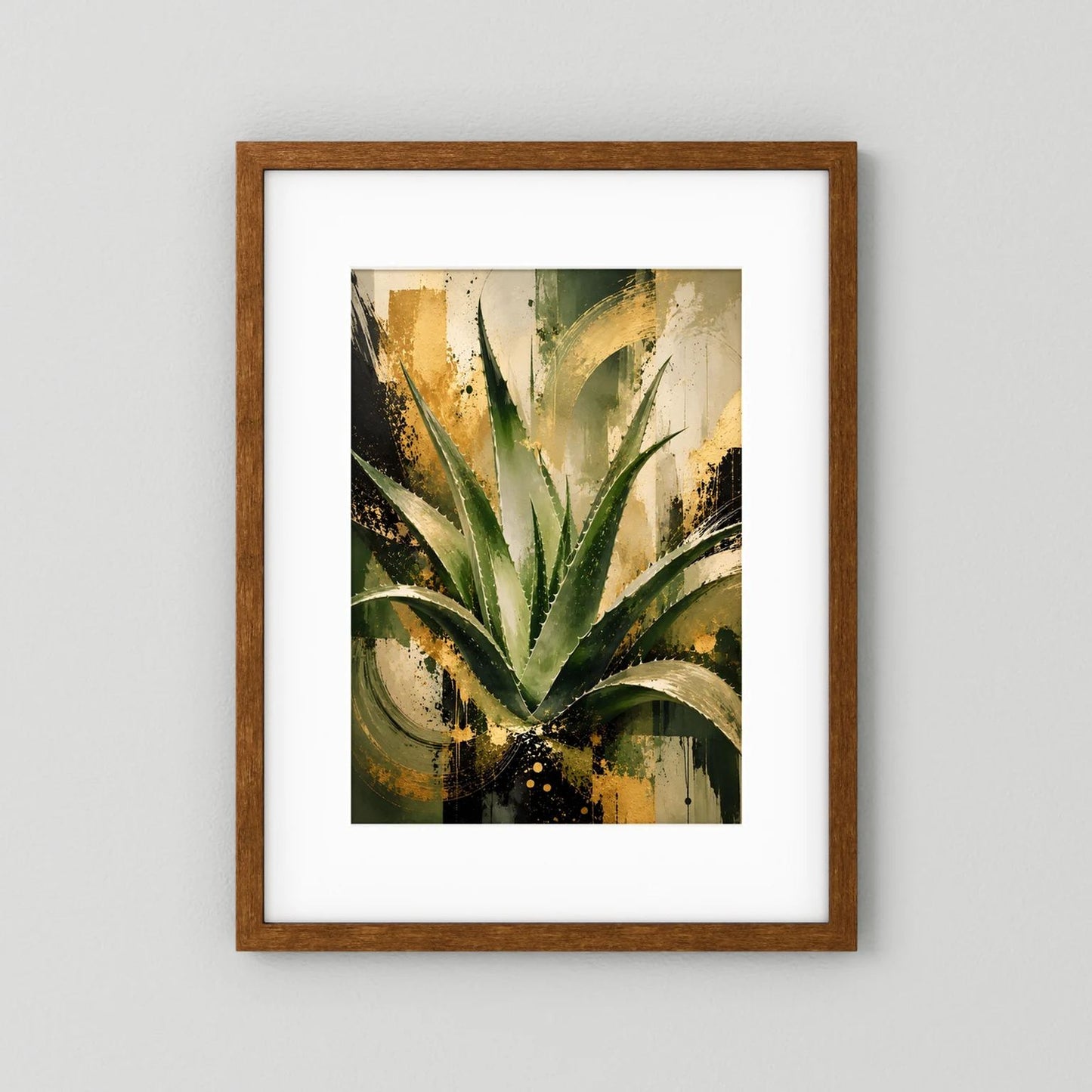 Aloe-Vera-Wandposter mit abstrakter Pflanze in Grün und Gold im braunen Holzrahmen