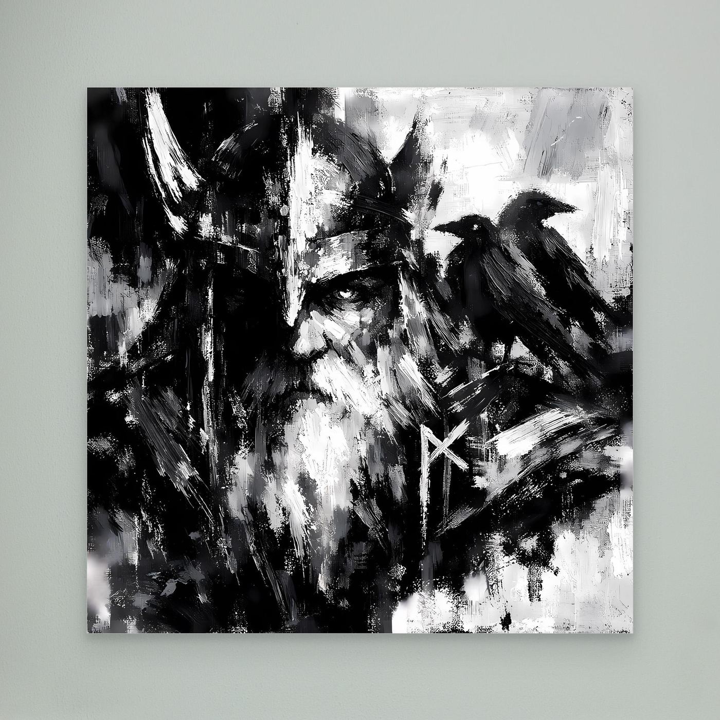 Leinwand-Wandbild mit Odin und Rabe, Schwarz-Weiß, abstrakte Farbstriche, ohne Rahmen