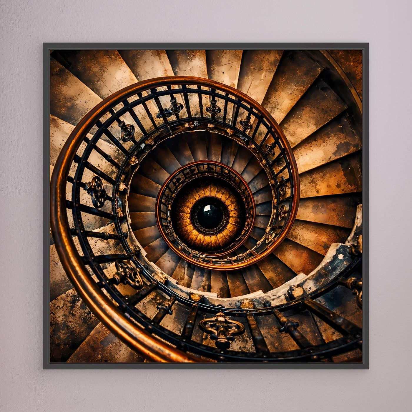 Leinwandbild Wendeltreppe, gold-braun und schwarz, dunkelgrau gerahmt