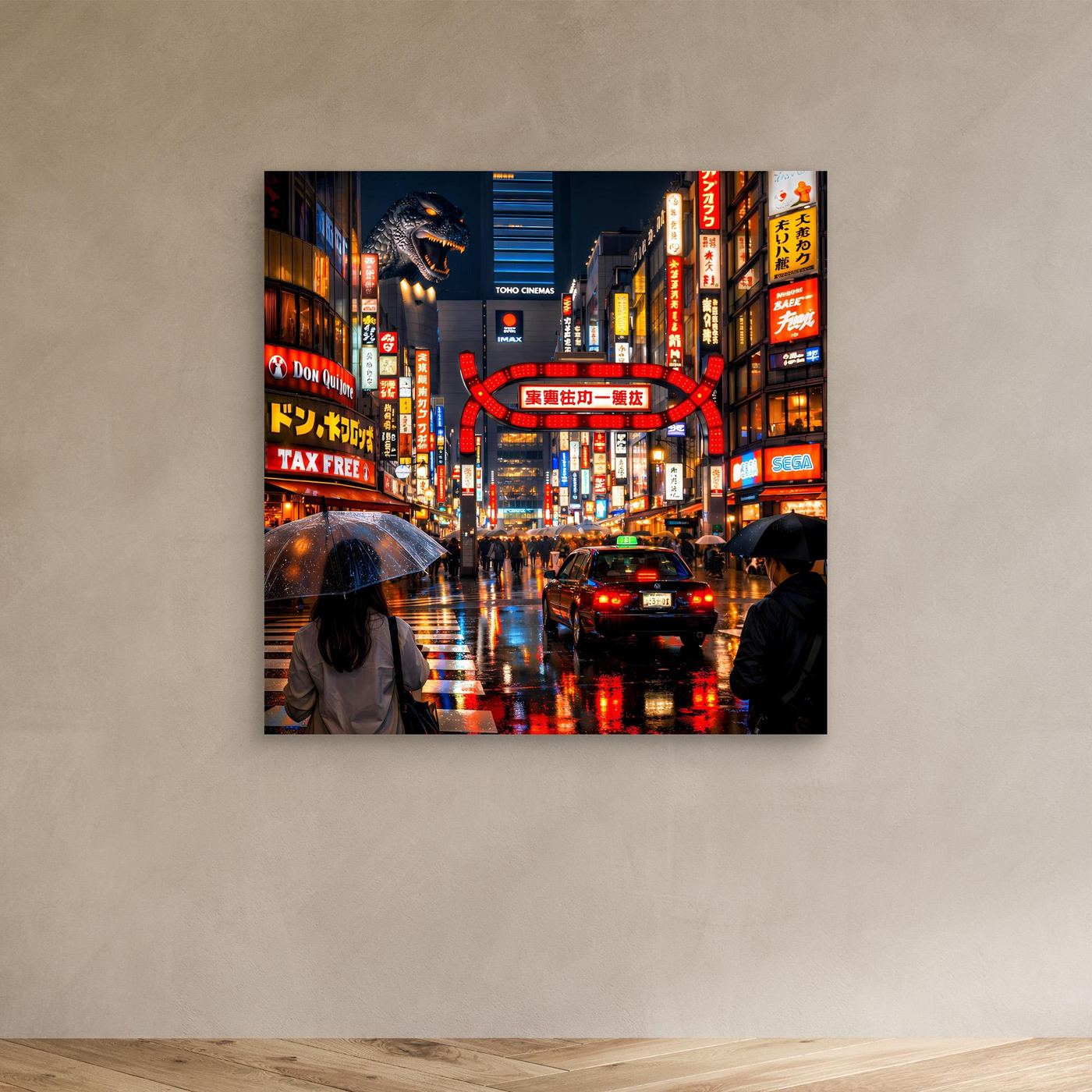 Leinwand Pulsierendes Tokio bei Nacht | Urbanes Kabukicho Kaiju Wandbild