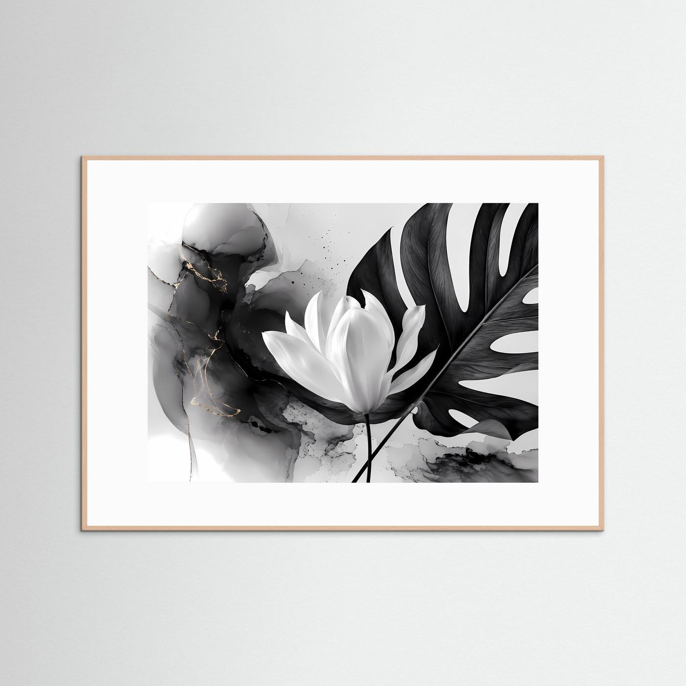 Schwarz Weiß Lotus Poster | Monstera Botanical Wandkunst | Minimalistische Blumen Kunst | Moderne Leinwand | Monochrome Natur mit Goldakzenten
