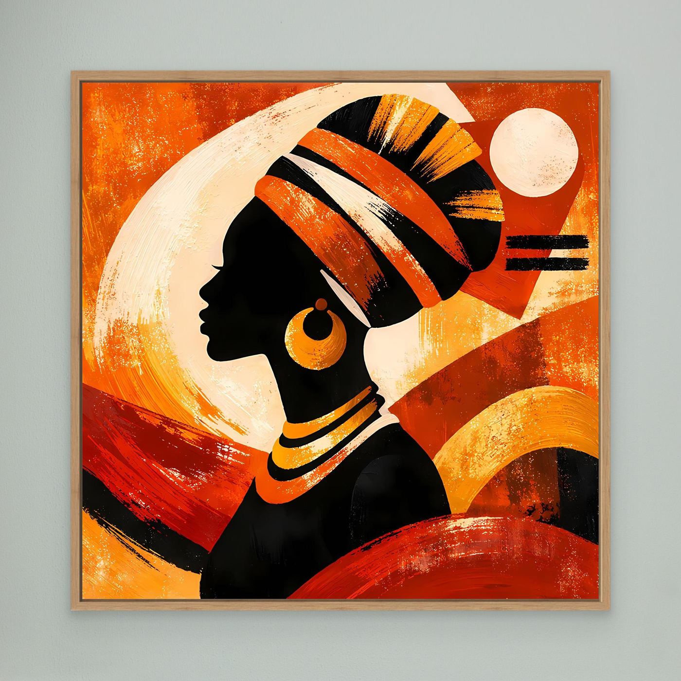 Leinwandbild mit Rahmen: abstrakte Frauensilhouette in Orange-Gold mit goldenen Streifen