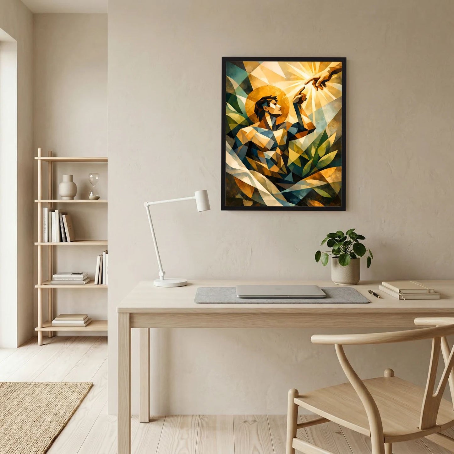 Quadratisches Wandbild im dunklen Rahmen: geometrischer Engel mit goldener Strahlenkrone und Blättern
