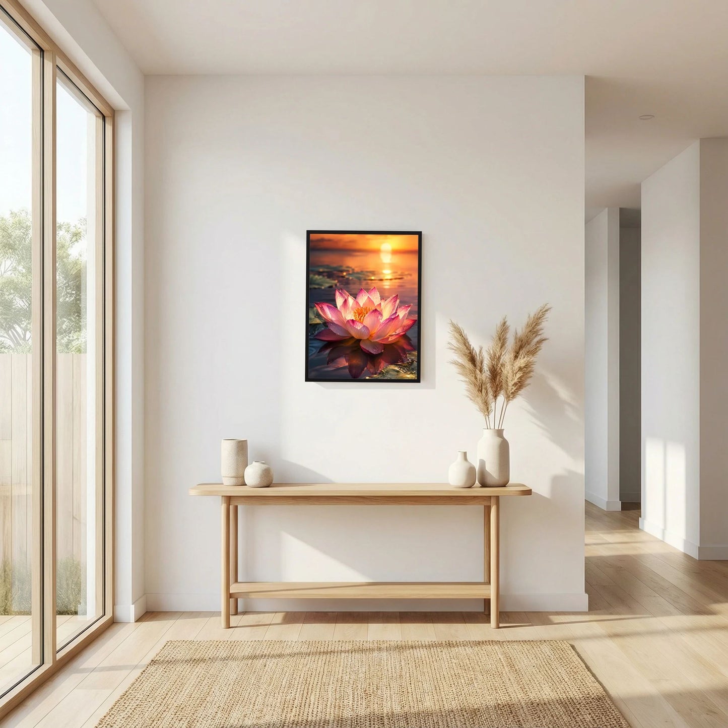 Gerahmtes Wandposter im Hochformat mit rosafarbener Lotusblüte und warmem Sonnenuntergang