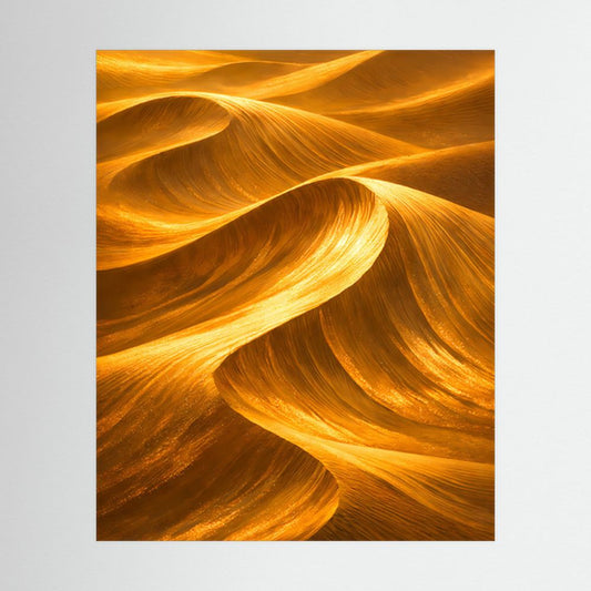Hochformatiges Poster mit goldener Sanddünen-Optik und abstrakten Wellenlinien