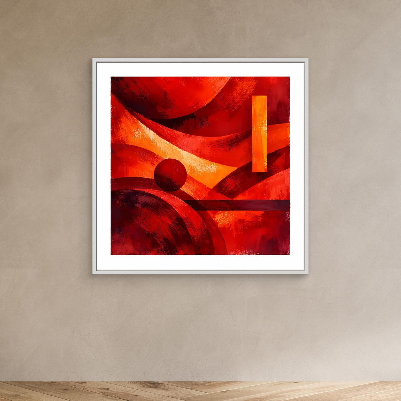 Leinwandbild mit abstrakten roten, orangefarbenen und schwarzen Formen, weißer Rahmen