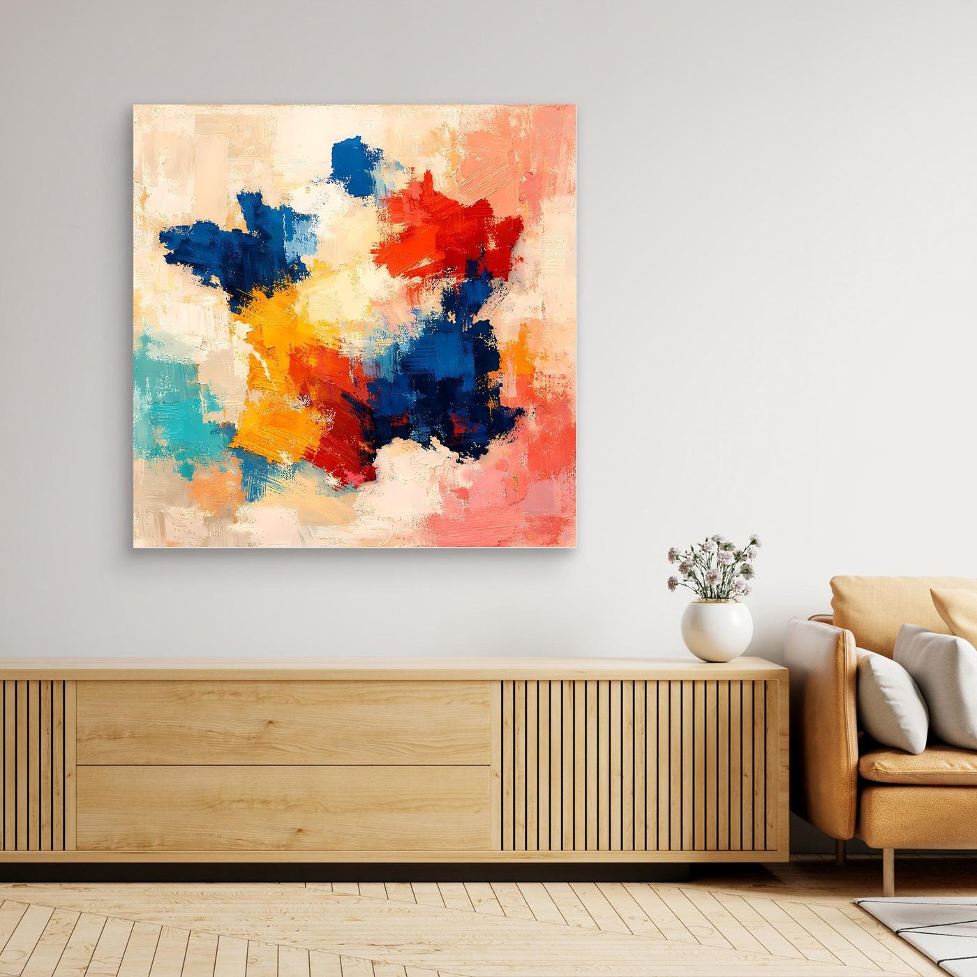 Abstract canvas wall art with blue, red, yellow, and teal paint splashes, no visible frame.
